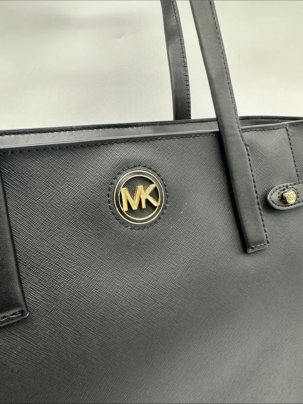 Michael Kors Black Saffiano Leather Tote with Gold MK Emblem